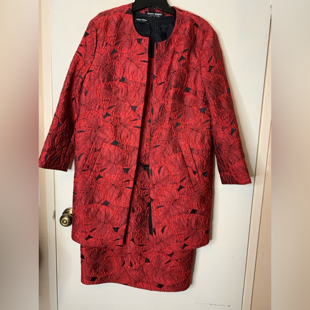 Gerry Weber Collection Red Black Evening Suit Dress/Jacket Leaf Applique READ M*